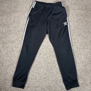 Adidas Mens Black Track Pants White 3 Stripes Trefoil Logo Athletic Joggers